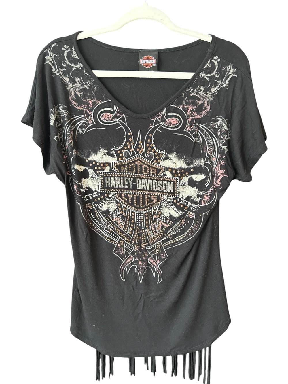 Harley-Davidson Black Studded Rhinestone Fringe Top Size L